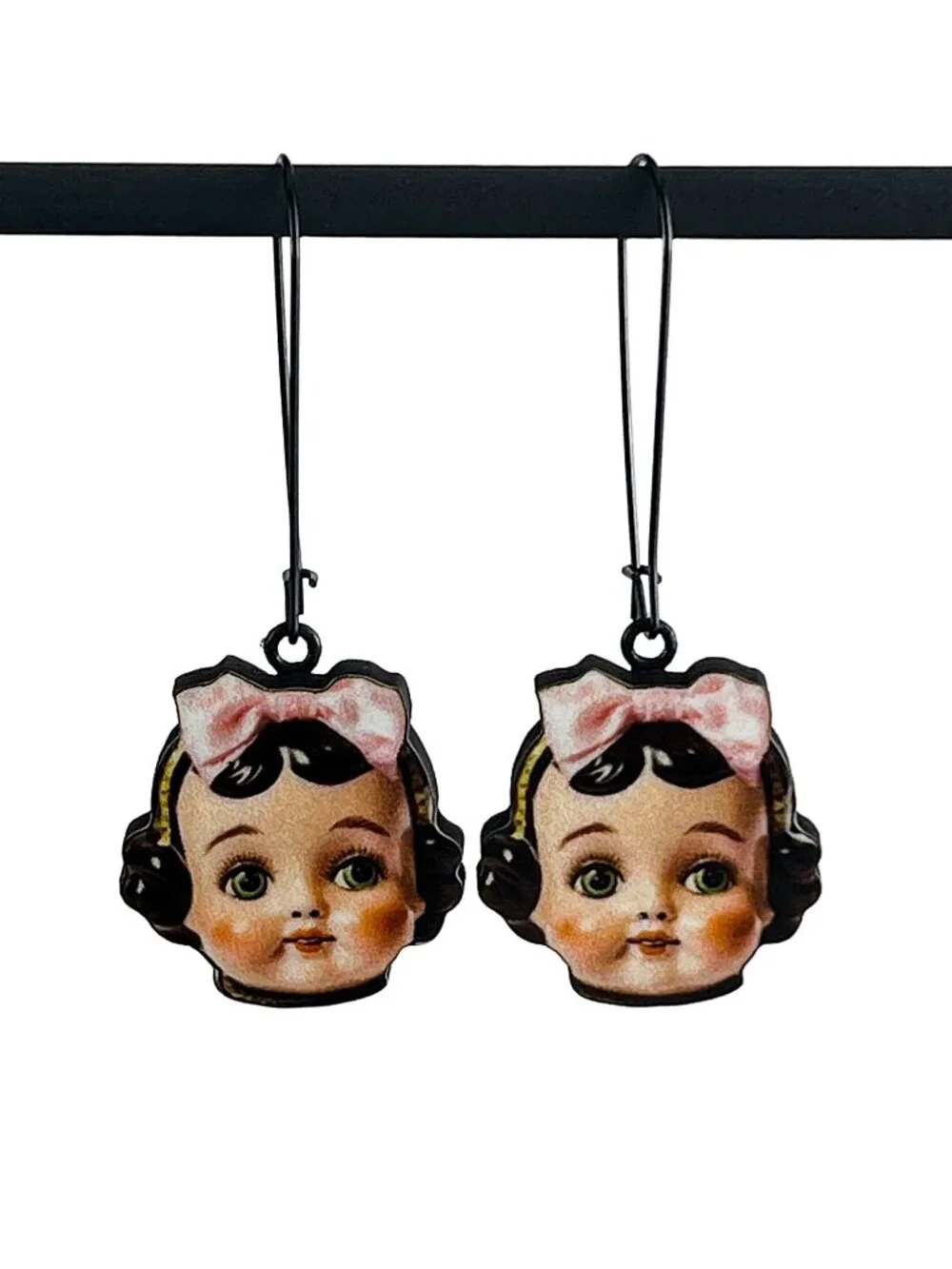 Vintage Doll Face Pink Bows Wood Cutout Dangle Earrings Kitsch Cute
